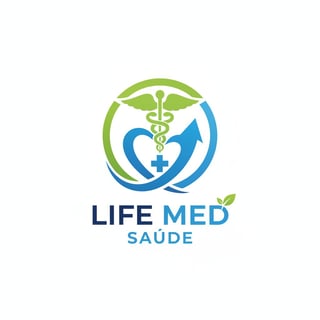 Life Med Saude logo featuring medical caduceus symbol with heart and leaf design in green and blue