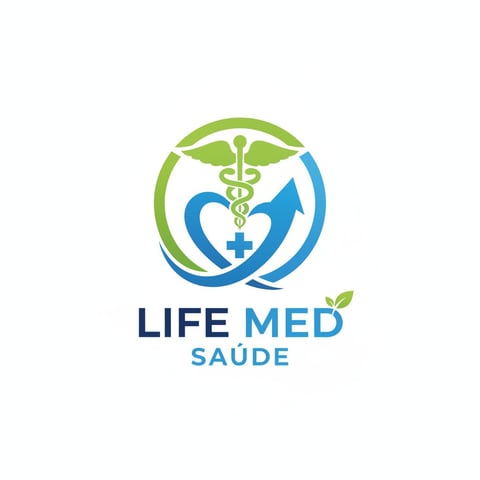 Life Med Saude logo featuring medical caduceus symbol with heart and leaf design in green and blue